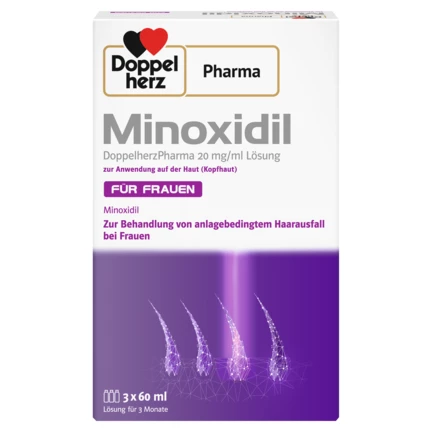 Abbildung der Produktverpackung DoppelherzPharma Minoxidil DoppelherzPharma 20 mg/ml Lösung zur Anwendung auf der Haut (Kopfhaut)  Rückansicht